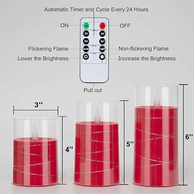 Homemory Flickering Flameless Candles with String Lights, Battery Operated Candles, Embedded String Lights LED Candles, Unbreakable Plexiglass Candle with Remote, Set of 3, Red