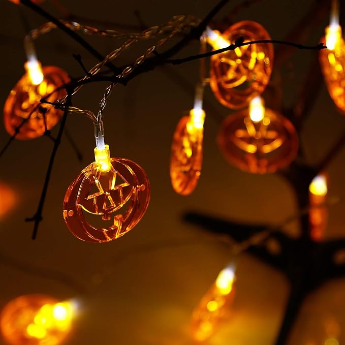 AOSTAR Set of 3 Halloween Lights (20 LEDs Orange Pumpkins, Purple Bats, White Ghosts), Battery Operated String Lights for Halloween Decorations Outdoor & Indoor