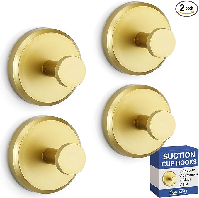 HOME SO Suction Cup Hooks for Shower, Bathroom, Kitchen, Glass Door, Mirror, Tile – Loofah, Towel, Coat, Bath Robe Hook Holder for Hanging up to 15 lbs – Waterproof, Matte Brushed Satin Gold (4-Pack)