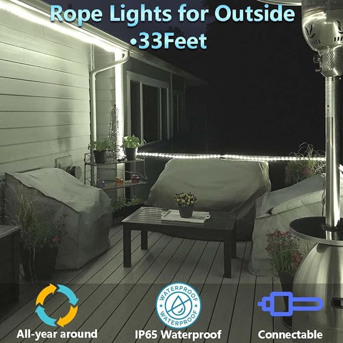 33FT White LED Rope Lights Outdoor,Flexible Tube Rope Lights Plug in,Connecting Rope Lights for Deck,Patio,Camping,Porch,Christmas Holiday Decoration