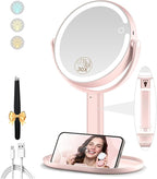 Makeup Mirror with Lights, Double Sided 1x/30x Magnifying Mirror with Light, Rechargeable 3 Color Lights and Adjustable Brightness, 360° Rotation Detachable Comes with Tweezer(Pink)