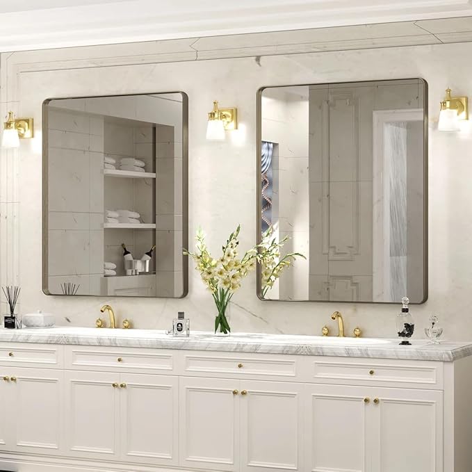 26x36 Inch Bronze Framed Mirror, Brushed Bronze Metal Bathroom Vanity Mirror for Wall, Modern Rectangle Mirror, Rounded Corner, Anti-Rust (Horizontal/Vertical)