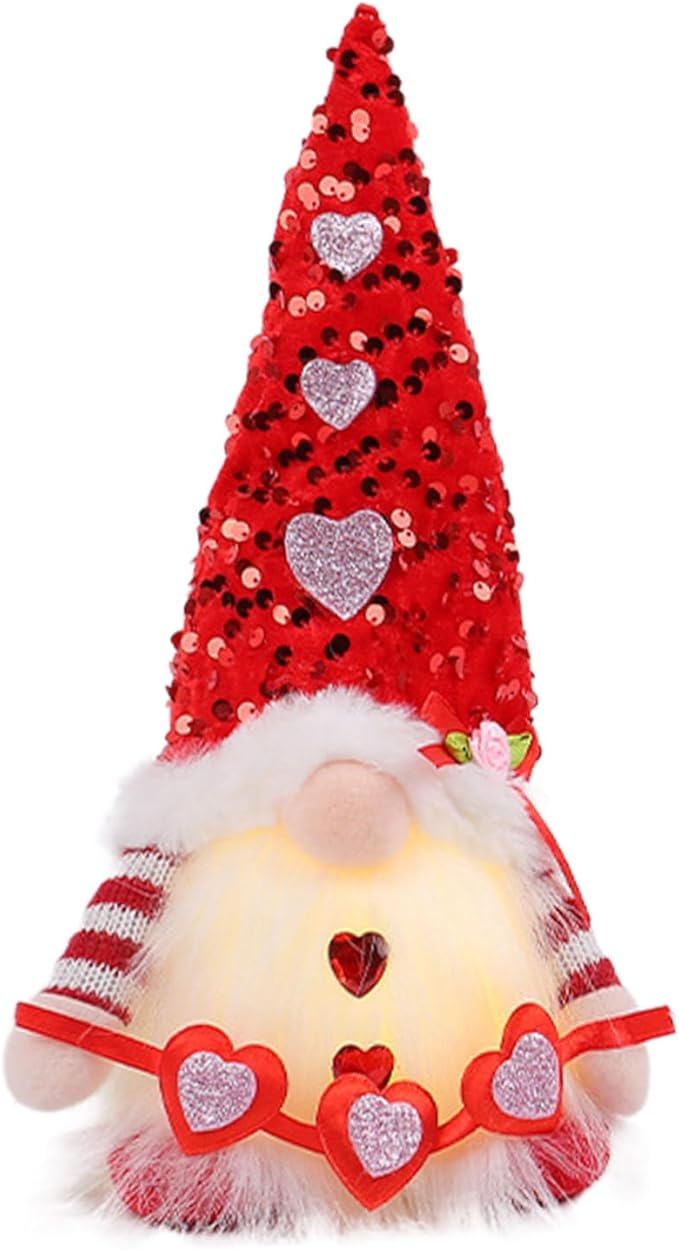 Light Up Gnome Valentine's Day Decorations Indoor Home Decor 11" Lighted Valentines Gnomes Decor Plush Scandinavian Tomte Elf Holiday Gnomes Ornaments Valentines Day Gifts for Her (Red)