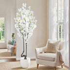 7.2 ft White Artificial Cherry Blossom Tree for Home Decor, Nearly Nature Faux Silk Flower Tree Indoor, Fake Realistic White Flowering Plant for Living Room Wedding Office Decorations