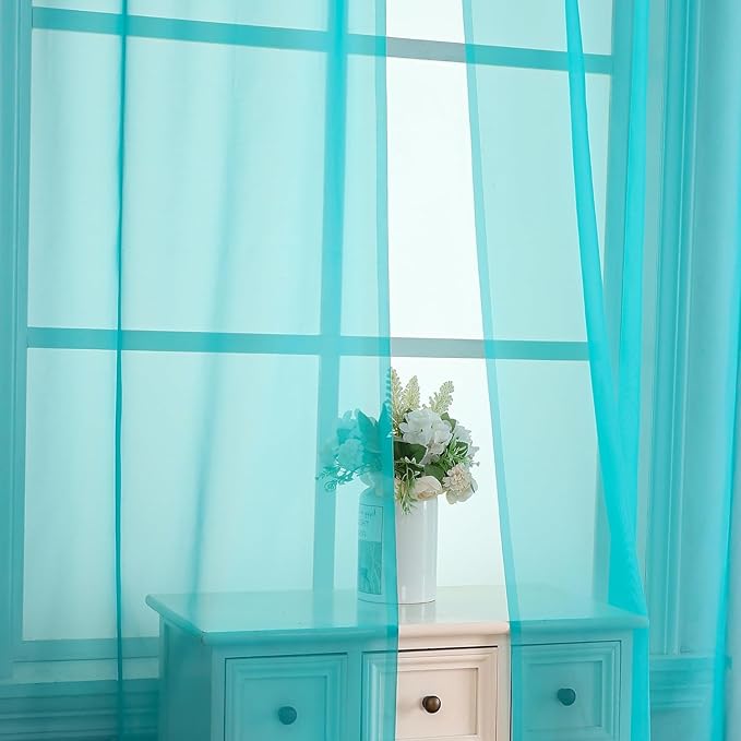 Aiyufeng Turquoise Sheer Curtains 63 Inch Length 2 Panels Set, Light Filtering Airy Rod Pocket Turquoise Window Curtain Treatment Drapes for Kitchen Bedroom Living, Each 40Wx63L Inches