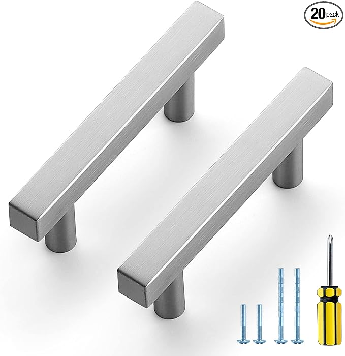 Ravinte Brushed Nickel Cabinet Handles 20 Pack 2-1/2 inch Satin Nickel Square Cabinet Pulls Silver Hardware for Kitchen Cabinets 4 inch Overall Length Stainless Steel Drawer Pulls