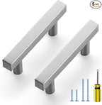 Ravinte Brushed Nickel Cabinet Handles 5 Pack 2-1/2 inch Satin Nickel Square Cabinet Pulls Silver Hardware for Kitchen Cabinets 4 inch Overall Length Stainless Steel Drawer Pulls