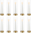 NUPTIO Hurricane Glass Candlestick Holders: 10 Set Bulk Gold Taper Candle Holder Metal Candle Stick Stand with 11.81 inch Tall Windproof Clear Seelves for Outdoor & Indoor Wedding Party Holiday Decor