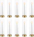 NUPTIO Hurricane Glass Candlestick Holders: 10 Set Bulk Gold Taper Candle Holder Metal Candle Stick Stand with 11.81 inch Tall Windproof Clear Seelves for Outdoor & Indoor Wedding Party Holiday Decor
