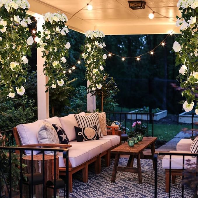 RECUTMS Artificial Plants Hanging 2Pieces 3.3Ft Rose Plant Flowers Vines Wedding (White)