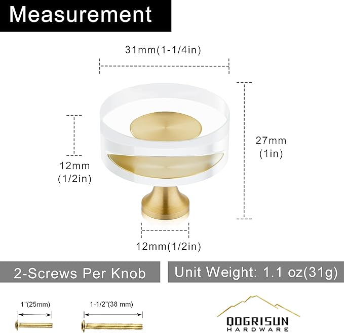 QOGRISUN 10-Pack Brass Crystal Cabinet Knobs,Glass Crystal Gold Drawer Knobs,1-1/4-Inch Round, Decorative Dresser Pulls, Modern Cabinet Hardware