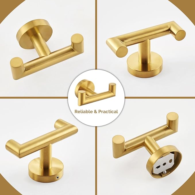 Angle Simple Towel Double Hook Brushed Gold 2 PCS, SUS304 Stainless Steel Bathroom Hand Towel Holder, Double Robe Hook, Wall Mount