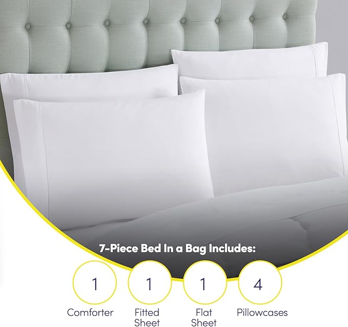 King Size Comforter Set with Sheets - 7-Piece Bedding Collection - 1 Comforter, 1 Fitted Sheet, 1 Flat, 4 Pillowcases - Deep Pocket - Soft & Breathable Premium Quality - Ideal for All Seasons, White