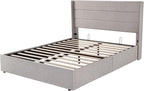 Allewie Full Size Lift Up Storage Bed, Modern Wingback Headboard, Hydraulic Support, No Box Spring Needed, Light Beige