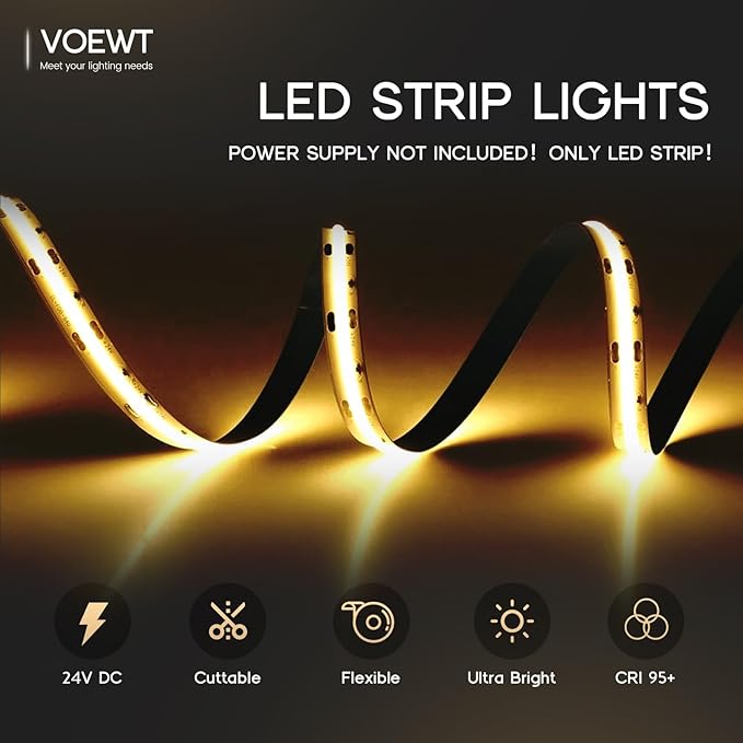 COB LED Strip Lights Warm White 3000K,32.8ft 24V High CRI 95Ra+ Super Bright, Flexible Tape Lights for Bedroom,Mirror,Kitchen Cabinet, Living Room(Power Supply Not Included)