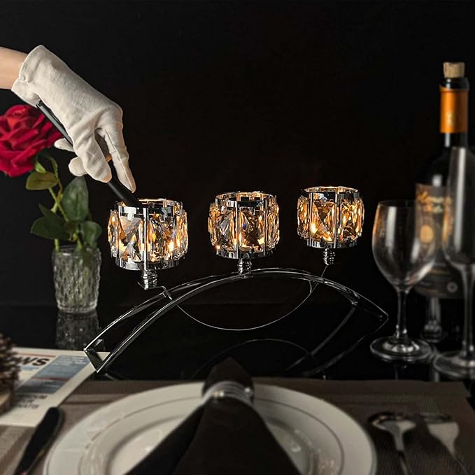 3 Arms Crystal Candle Holders, Arch Candlestick Table Candelabras Centerpieces for Wedding, Dinning Room, Cabinet Ornaments, Home Decoration， Gift (3-arm Arched, Silver)