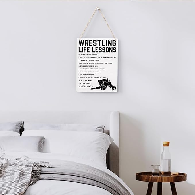 Wrestling Life Lessons Wooden Hanging Sign Inspirational Wrestling Wall Art Decor, Wrestling Wall Hanging Decor Signs for Home Office Bedroom Decoration 8x10 Inches