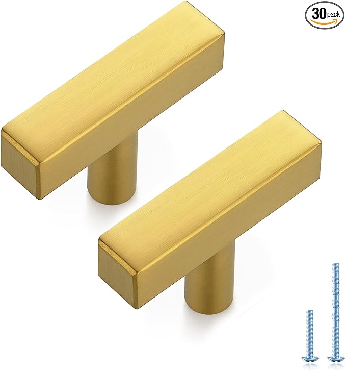 JOY DECOR 30 Pack Single Hole Brushed Brass Square Cabinet Handles Stainless Steel Cabinet Hardware Pulls for Kitchen and Drawers with 2 Inch Overall Length