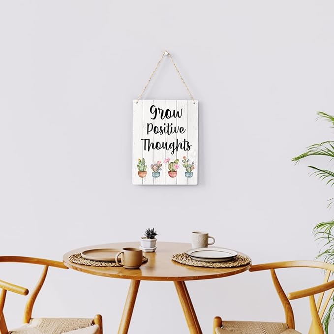 Rustic Grow Positive Thoughts Wood Hanging Sign, Farmhouse Summer Artwork Decor, Cactus and Succulent Wooden Plaque Sign Wall Art Decor Signs Home Decoration 8 x 10 Inches