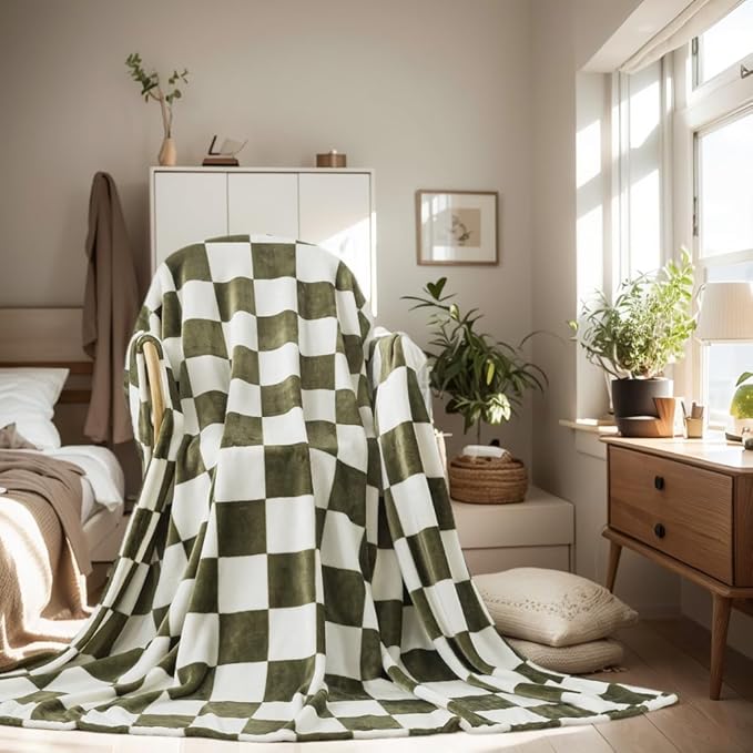 Checkered Twin Size Blanket,66x90 Inches Sage Green Microfiber Soft Cozy Fluffy Warm Hand Made Throw Blankets for Twin/Twin XL Extra Long Bed,Couch, Sofa, Chair, Camping, Picnic,Sage Green