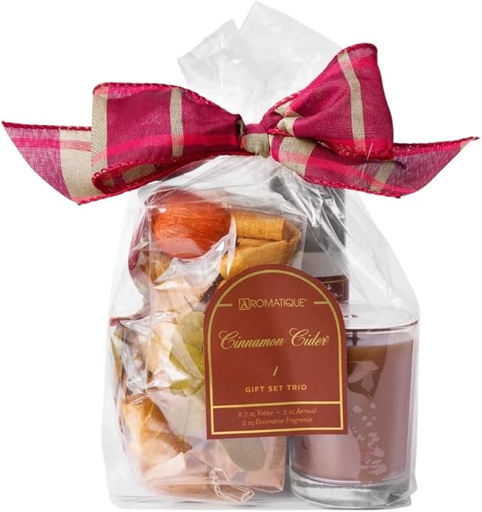 Aromatique Cinnamon Cider Gift Set Trio – Decorative Fragrance 2 oz, Room Spray 2 oz & Votive Candle 2.7 oz – Cinnamon, Apple & Citrus Fall Fragrance – Seasonal Home Décor – Made in The USA