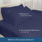 Deep Pocket Twin Sheets Set for Kids Air Mattress - Extra Deep Pocket Twin Sheet Sets - 3Pcs Side Storage Pocket Fitted Sheet & Pillowcases Easily Fits 16in to 24in Pillow Top Bed Mattress - Navy Blue