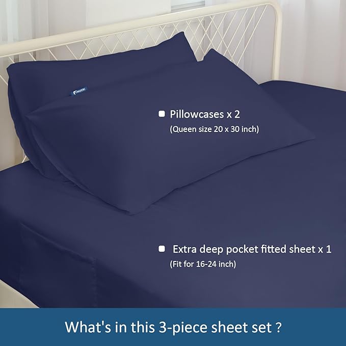 Deep Pocket Twin Sheets Set for Kids Air Mattress - Extra Deep Pocket Twin Sheet Sets - 3Pcs Side Storage Pocket Fitted Sheet & Pillowcases Easily Fits 16in to 24in Pillow Top Bed Mattress - Navy Blue