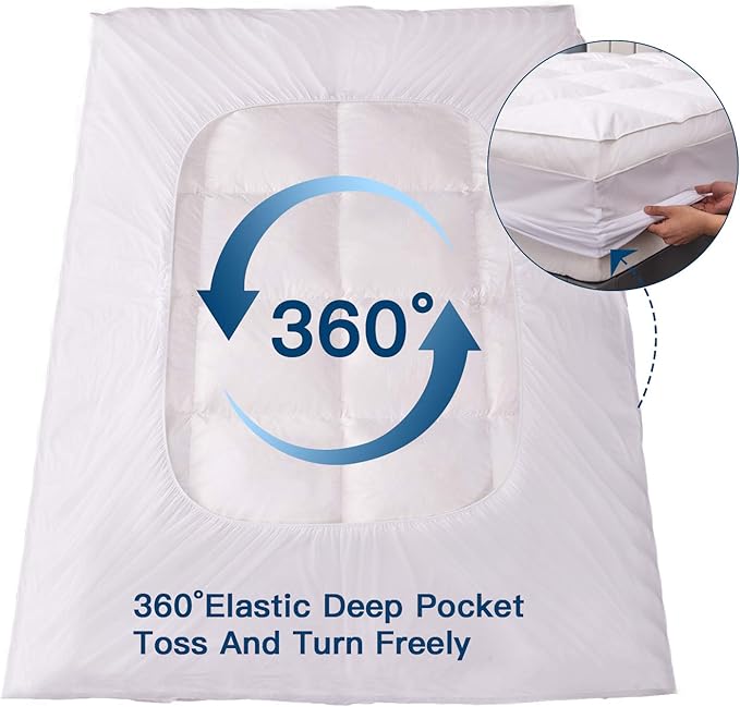 ELEMUSE Queen Size Extra Thick Fusion Goose Down Feather Filled Mattress Topper, Plush Fluffy Double Layer Pillowtop Mattress Pad Cover, Soft Featherbed with 8-21 Inch Deep Pocket