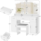 usikey 43.3” Vanity Desk with Large Mirror and Lights, Makeup Vanity with 3 Lighting Color Adjustable, Dressing Table Set with Storage Cabinet, Drawers and Chair for Girls Bedroom, White