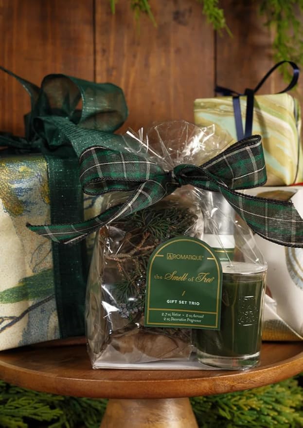 Aromatique Home Fragrance, Smell of Tree, Gift Set - Decorative Potpourri, Room Spray, and Candle - Perfect for Christmas Holidays, Weddings Showers, Gift Giving, Prewrapped.