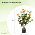 Artificial Camellia Tree, 3FT Faux Camellia Plant in Pot with Orange Flowers for Spring Home Front Door Outdoor Indoor Decoration