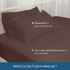 Deep Pocket Twin Sheets Set for Kids Air Mattress - Extra Deep Pocket Twin Sheet Sets - 3Pcs Side Storage Pocket Fitted Sheet & Pillowcases Easily Fits 16in to 24in Pillow Top Bed Mattress - Brown