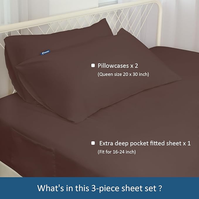 Deep Pocket Twin Sheets Set for Kids Air Mattress - Extra Deep Pocket Twin Sheet Sets - 3Pcs Side Storage Pocket Fitted Sheet & Pillowcases Easily Fits 16in to 24in Pillow Top Bed Mattress - Brown