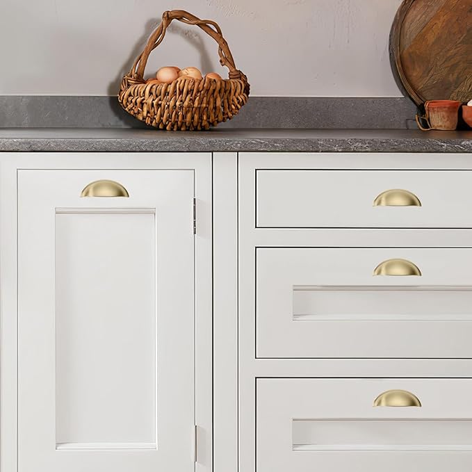 khtumeware 10 Pack 3-3/4" Gold Drawer Pulls Brushed Brass Cabinet Cup Pulls Kitchen Hardware Cabinet Handles Drawer Handles Knobs 3-3/4 inch Hole Center