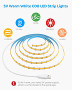 Aclorol USB COB LED Strip Lights Warm White Led TV Backlight 5V 1M 3.28FT 320Leds 3000K CRI85+ COB Flexible Lights with 1M USB Powered for Bedroom Under Cabinet Kitchen DIY Lighting Project