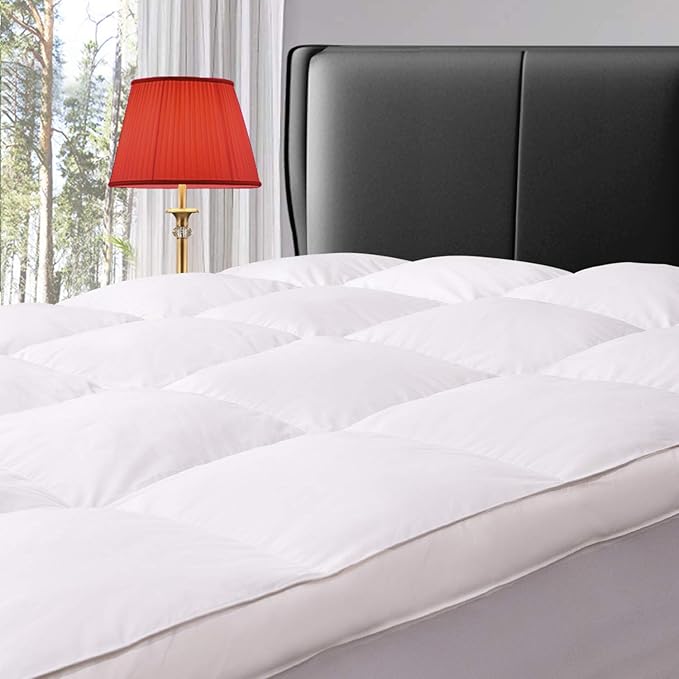 ELEMUSE Queen Size Extra Thick Fusion Goose Down Feather Filled Mattress Topper, Plush Fluffy Double Layer Pillowtop Mattress Pad Cover, Soft Featherbed with 8-21 Inch Deep Pocket