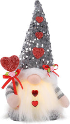 Light Up Gnome Valentine's Day Decorations Indoor Home Decor 11" Lighted Valentines Gnomes Decor Plush Scandinavian Tomte Elf Holiday Gnomes Ornaments Valentines Day Gifts for Her (Grey)