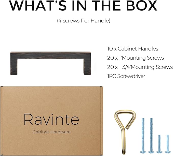 Ravinte 10 Pack Solid Kitchen Cabinet Handles Oil Rubbed Bronze Cabinet Pulls Slim Drawer Pulls with 3-1/2 Inch Hole Center Square Bar Kitchen Cabinet Hardware