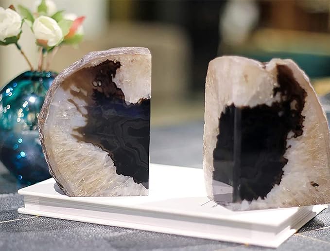 AMOYSTONE Geode Bookends Heavy Duty AgateStone Bookend Decorative Large Crystal Quartz Book Natural Black with Rubber Bumpers(1 Pair, 6-8 LBS)