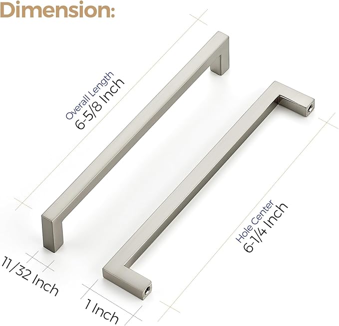 Ravinte 10 Pack Solid Kitchen Cabinet Handles Brushed Nickel Cabinet Pulls Slim Drawer Pulls with 6-1/4 Inch Hole Center Square Bar Kitchen Cabinet Hardware