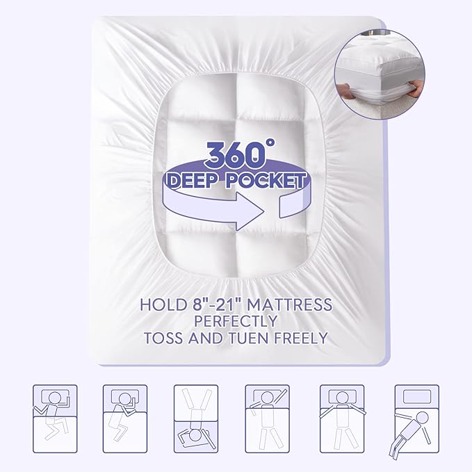 ABENE Mattress Topper for Back Pain Relief, Extra Thick Mattress Pad Pillowtop, Soft Mattress Protector Cover with 8"-21" Deep Pocket (Pure White, King, Feather Down)