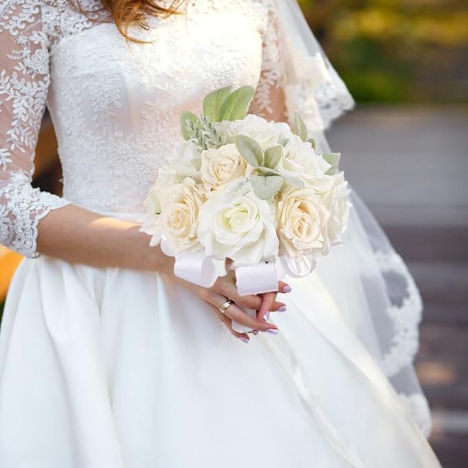 Artificial Rose Wedding Bouquets - Ribbon Faux Bridal Bouquets for Bride & Bridesmaid - Holding Flower for Wedding Decor