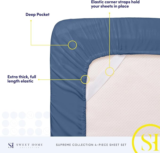 1800 Supreme Collection - Breathable Luxury California King Sheet Set with Full Elastic & Secure Corner Straps Built In - Cal King Deep Pocket Denim Bedding Set