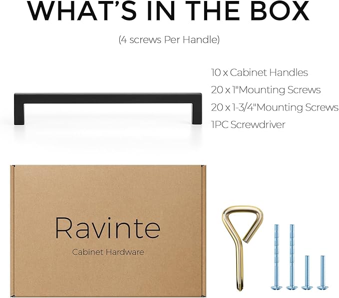 Ravinte 10 Pack Solid Kitchen Cabinet Handles Matte Black Cabinet Pulls Slim Drawer Pulls with 6-1/4 Inch Hole Center Square Bar Kitchen Cabinet Hardware