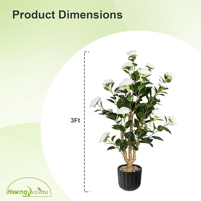 36” Artificial Camellia Tree 2 Packs, Faux Camellia Plant in Pebbles Pot with White Flowers, Greenery Camellia Tree for Spring Home Front Door Outdoor Indoor Decoration, White