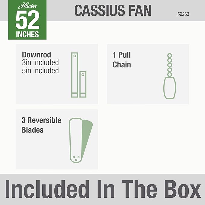Hunter 52 inch Outdoor or Indoor Ceiling Fan No Light - White Ceiling Fan without Light, For Patio, Porch, Garage, or Living Room, Standard Mount, 3 Blades, Pull Chain - Cassius 59263, Fresh White