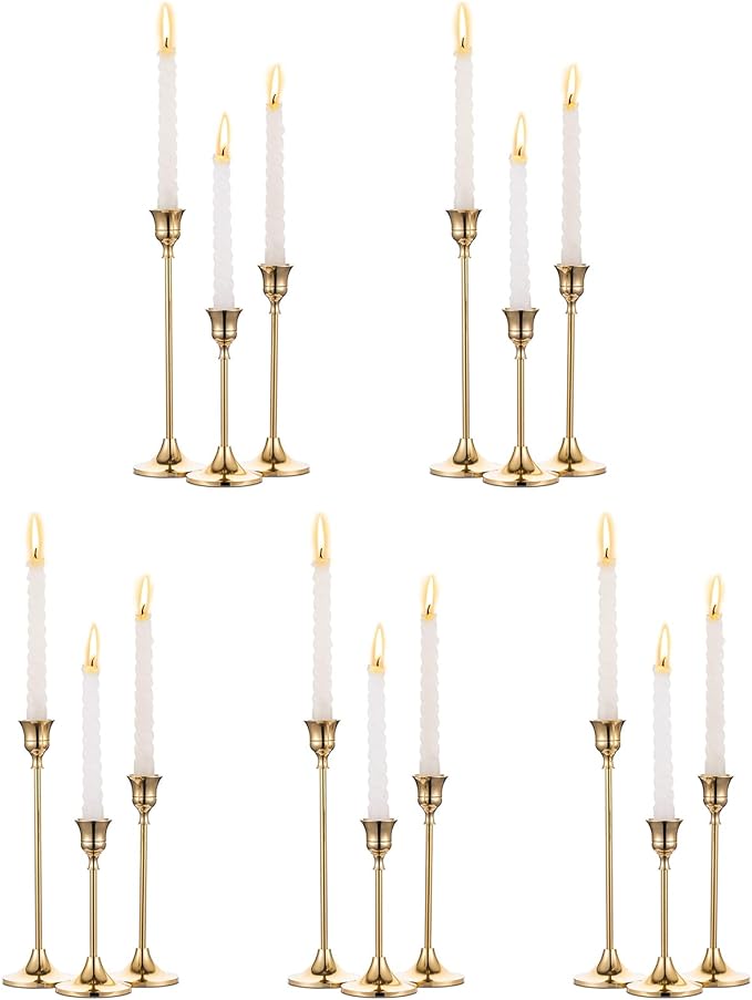 5 Sets(15 Pcs) Brass Gold Metal Taper Candle Holders Candlestick Holders, Vintage Modern Decorative Centerpiece Candlestick Holders for Table Mantel Wedding Housewarming Gift