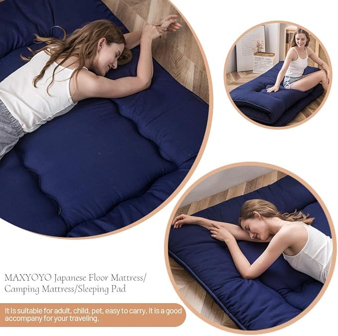 MAXYOYO Japanese Floor Mattress Futon Mattress, Thicken Tatami Mat Sleeping Pad Foldable Roll Up Mattress Boys Girls Dormitory Mattress Pad Kids Floor Lounger Pillow Bed, Navy, Full