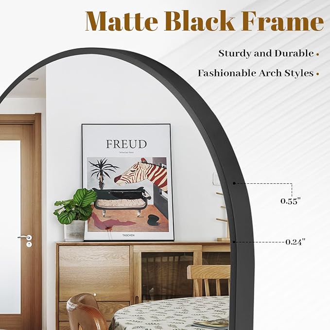 VooBang Arched Wall Mirror, 24 x 36 inch Arch Bathroom Mirror, Wall Mounted Vanity Mirror with Arch Metal Frame, Modern Bathroom Vanity Mirror for Bedroom, Living Room, Hanging or Leaning, Black
