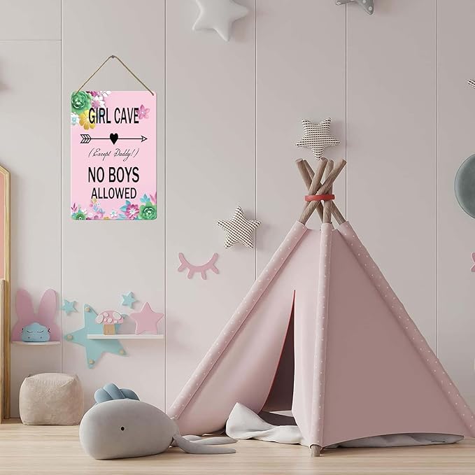 Wood Girl Cave Sign, 8x12 Inch, No Boys Allowed for Girl Bedroom Decor